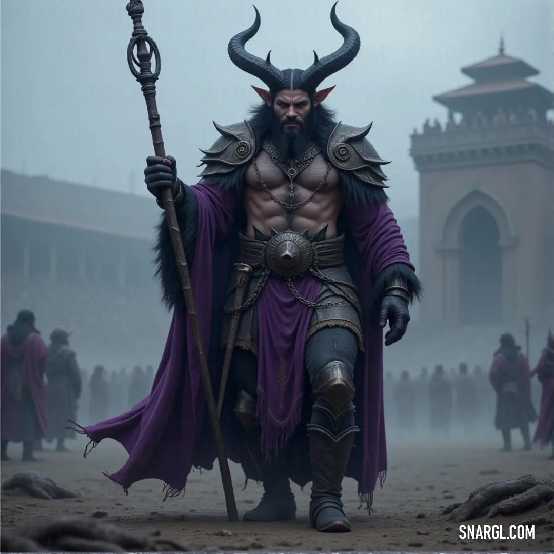 Naberius, dressed in a horned outfit, grips a staff while the war staffs behind him reflect his commanding and fearsome nature. Naberius, adorned in a horned costume, stands tall with a staff in hand. Behind him, war staffs line the background, and his powerful presence echoes through the scene, signaling his authority and strength.
