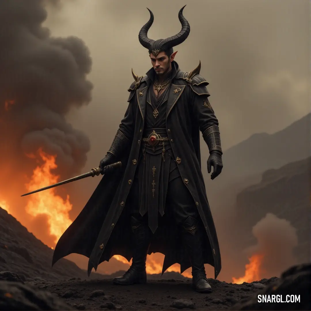 Naberius, wearing a horned outfit, stands firm before a fiery mountain, a sword gripped in his hand as the flames rage in the background. Naberius, clad in a horned costume, stands in front of a towering mountain that burns with fiery intensity. With a sword in hand, his presence commands respect, his fierce stance highlighted by the blazing mountain behind him.