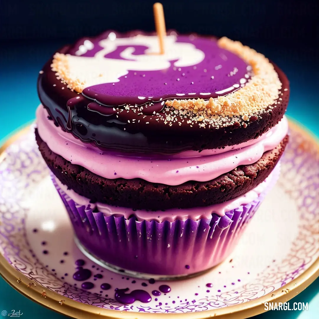 Cupcake with a candle on top of it on a plate with purple icing and sprinkles