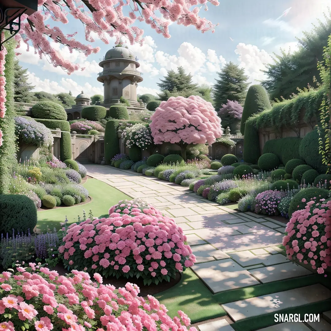 Garden with a lot of flowers and a fountain in the middle of it and a walkway leading to it