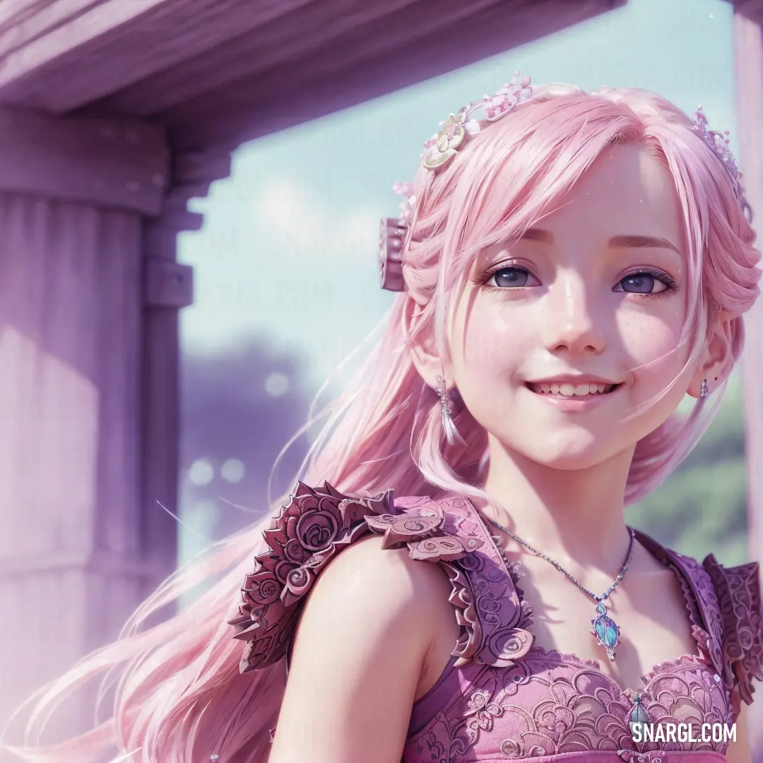 Girl with pink hair and a tiara smiles at the camera while standing in front of a building