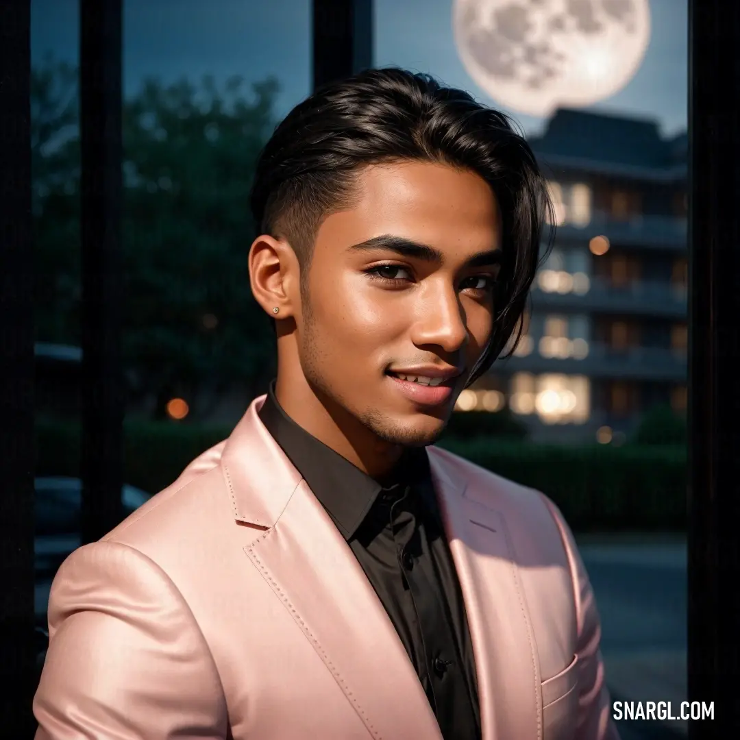 Man in a pink suit and black tie standing in front of a window with a full moon in the background