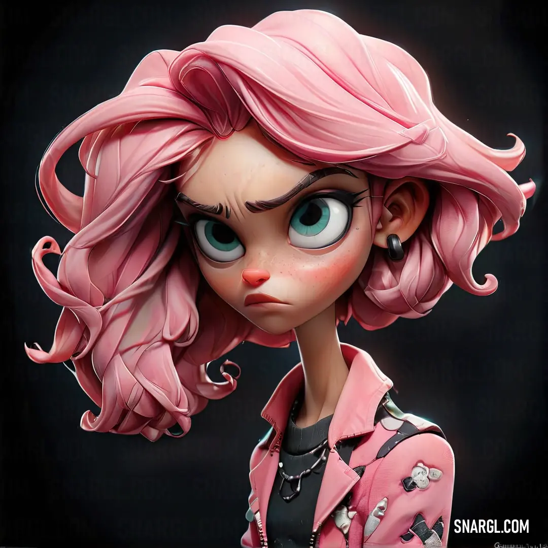 Cartoon character with pink hair and blue eyes wearing a pink jacket and black shirt. Example of #F6ADC6 color.