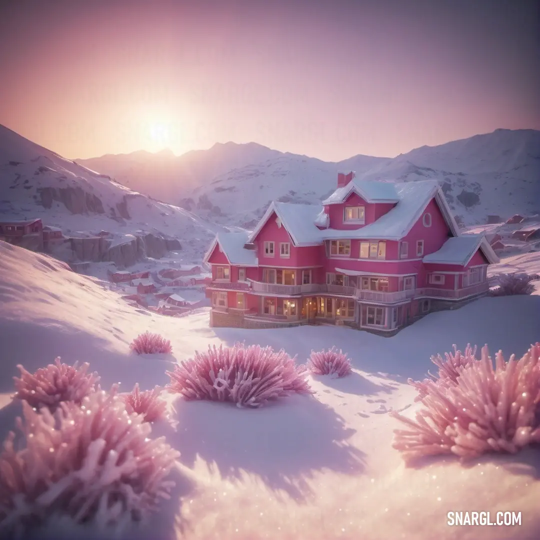 Pink house in the middle of a snowy mountain range at sunset with the sun shining on the mountains. Example of Nadeshiko pink color.
