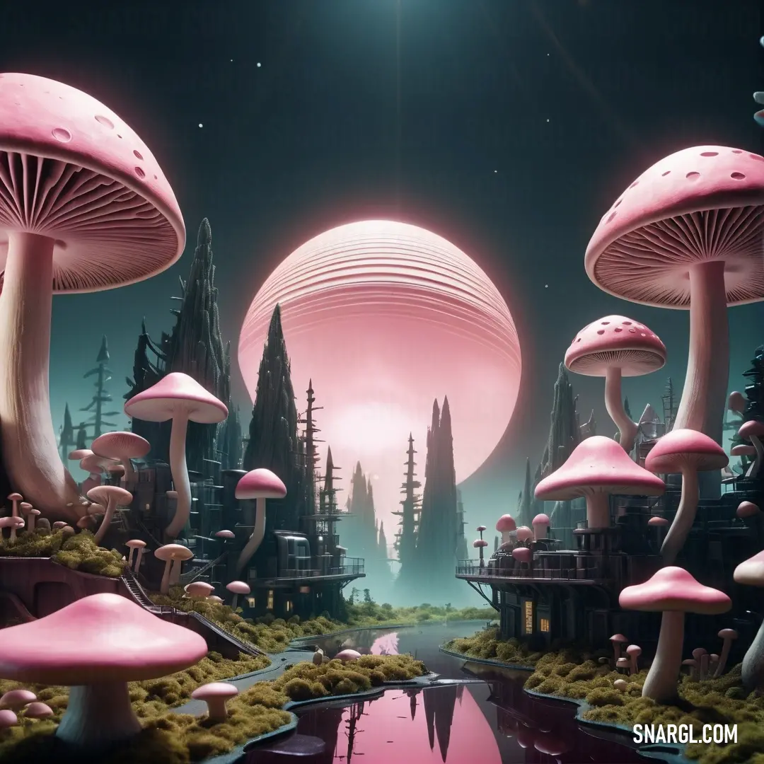 Surreal scene of a forest with mushrooms and a pond in the middle of the forest at night with a full moon. Color CMYK 0,30,20,4.