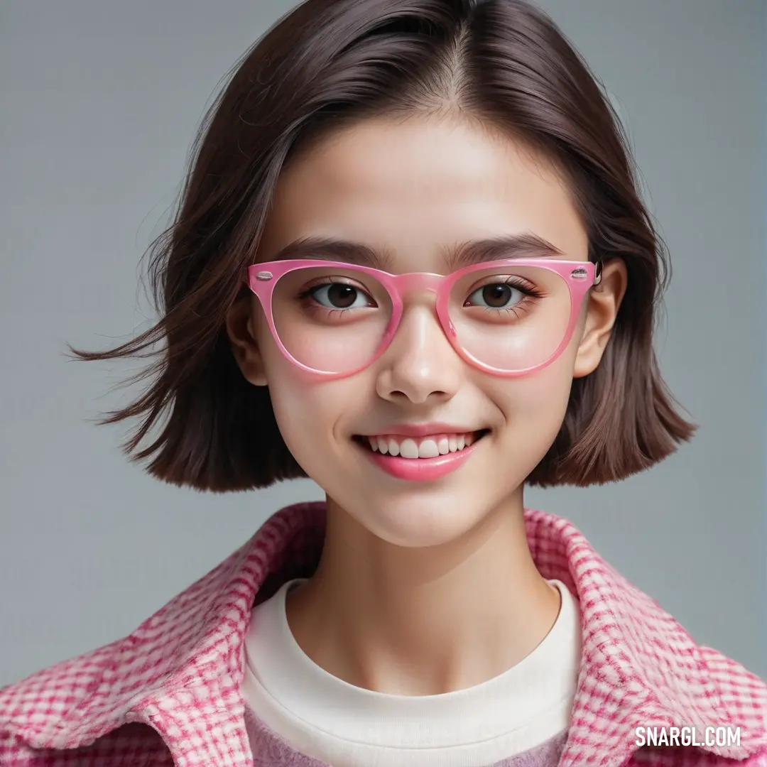 Nadeshiko pink color example: Woman wearing pink glasses and a pink jacket with a pink checkered shirt on her shoulders