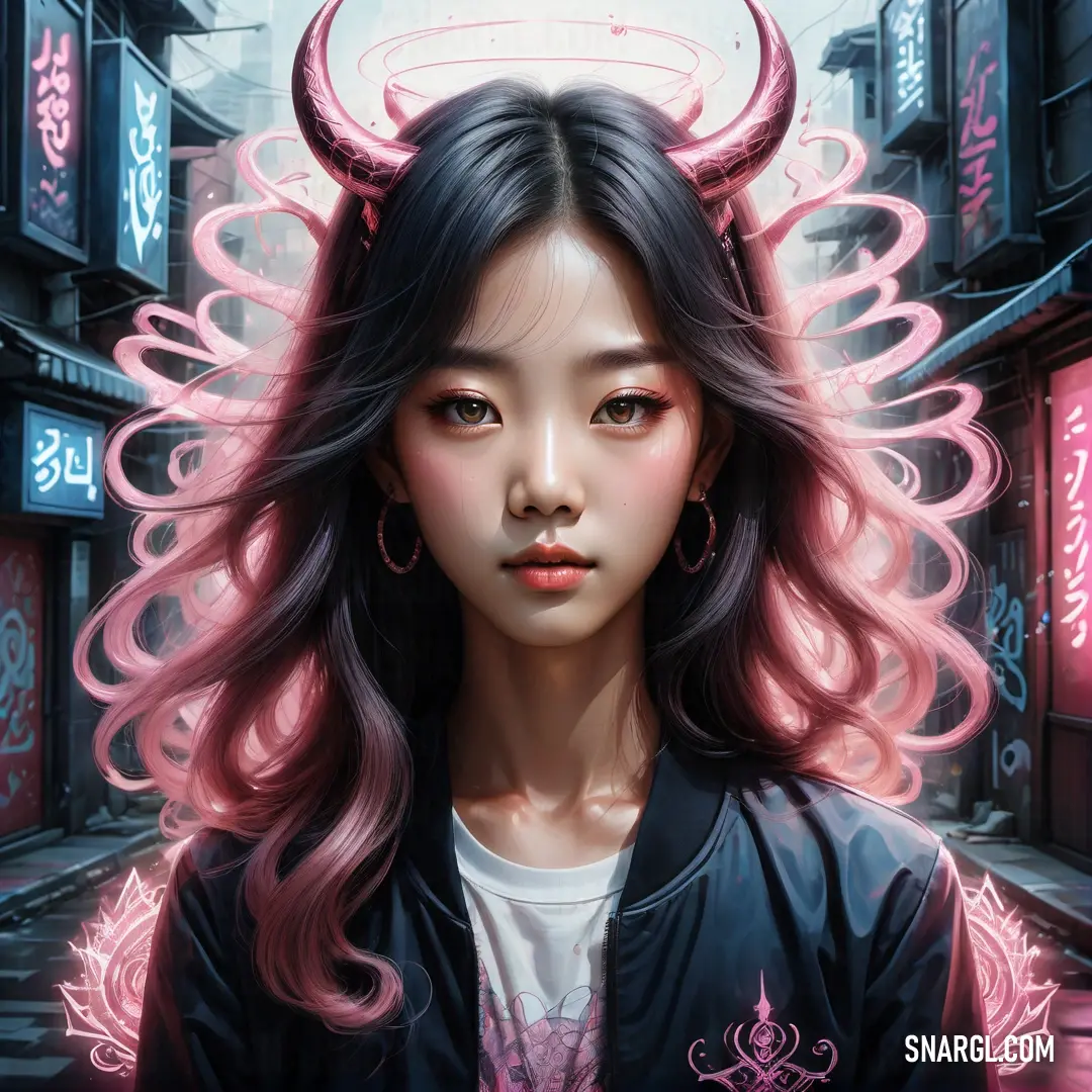 Nadeshiko pink color example: Woman with a devilish head and pink hair in a city street with neon signs and buildings in the background