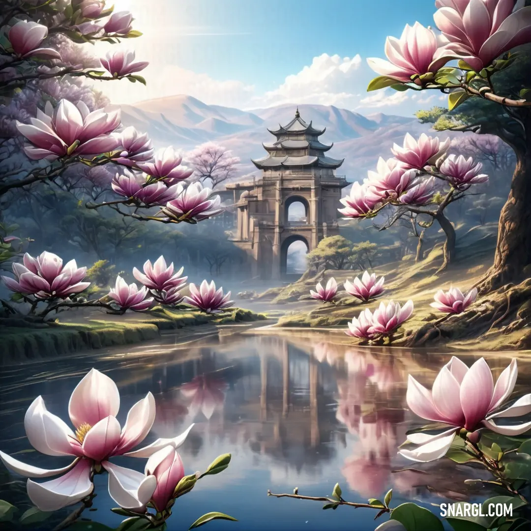 Painting of a beautiful scenery with flowers and a pagoda in the background. Color RGB 246,173,198.