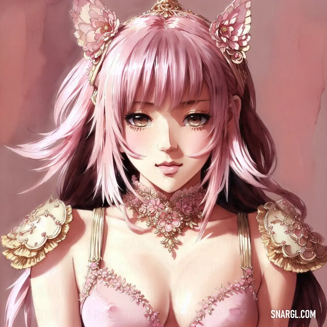 Woman with pink hair and a cat ears on her head and chest