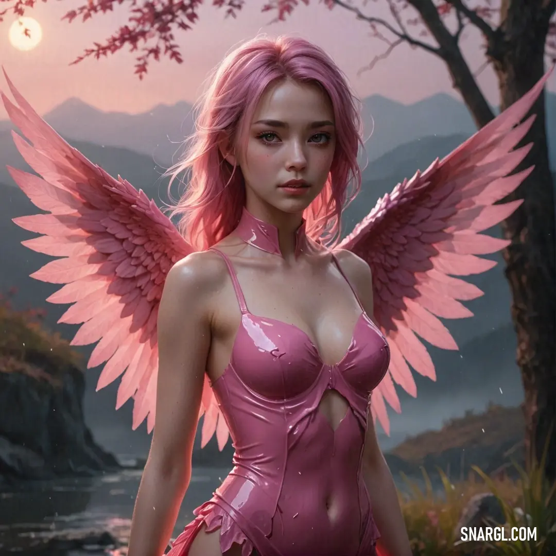 Nadeshiko pink color. Woman with pink hair and wings standing in a forest with a river in the background