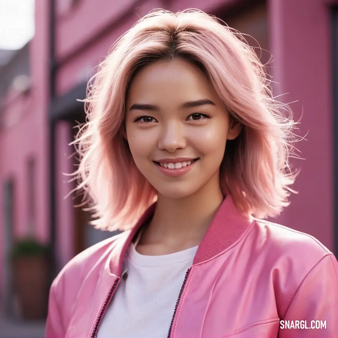 Woman with pink hair and a pink jacket on a street corner smiling at the camera. Color CMYK 0,30,20,4.