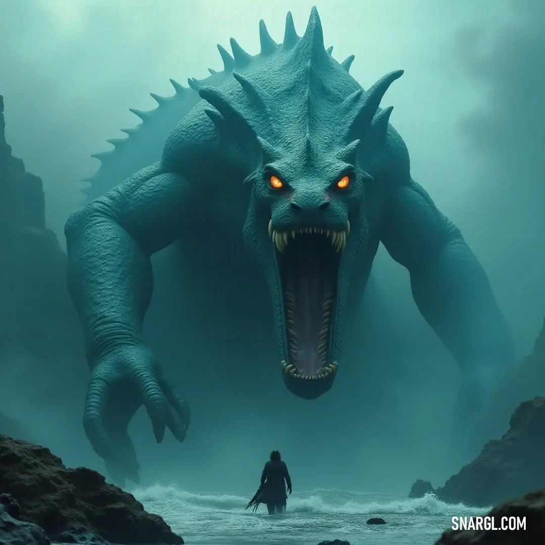 The enchanting Naga confronts a colossal beast amidst the fog, its glowing eyes reflecting bravery and wonder in a land of mythical enchantment. A mesmerizing Naga stands poised on a foggy day, its glowing eyes fixed on an imposing giant monster, embodying an interplay of beauty and strength in a mystical setting.
