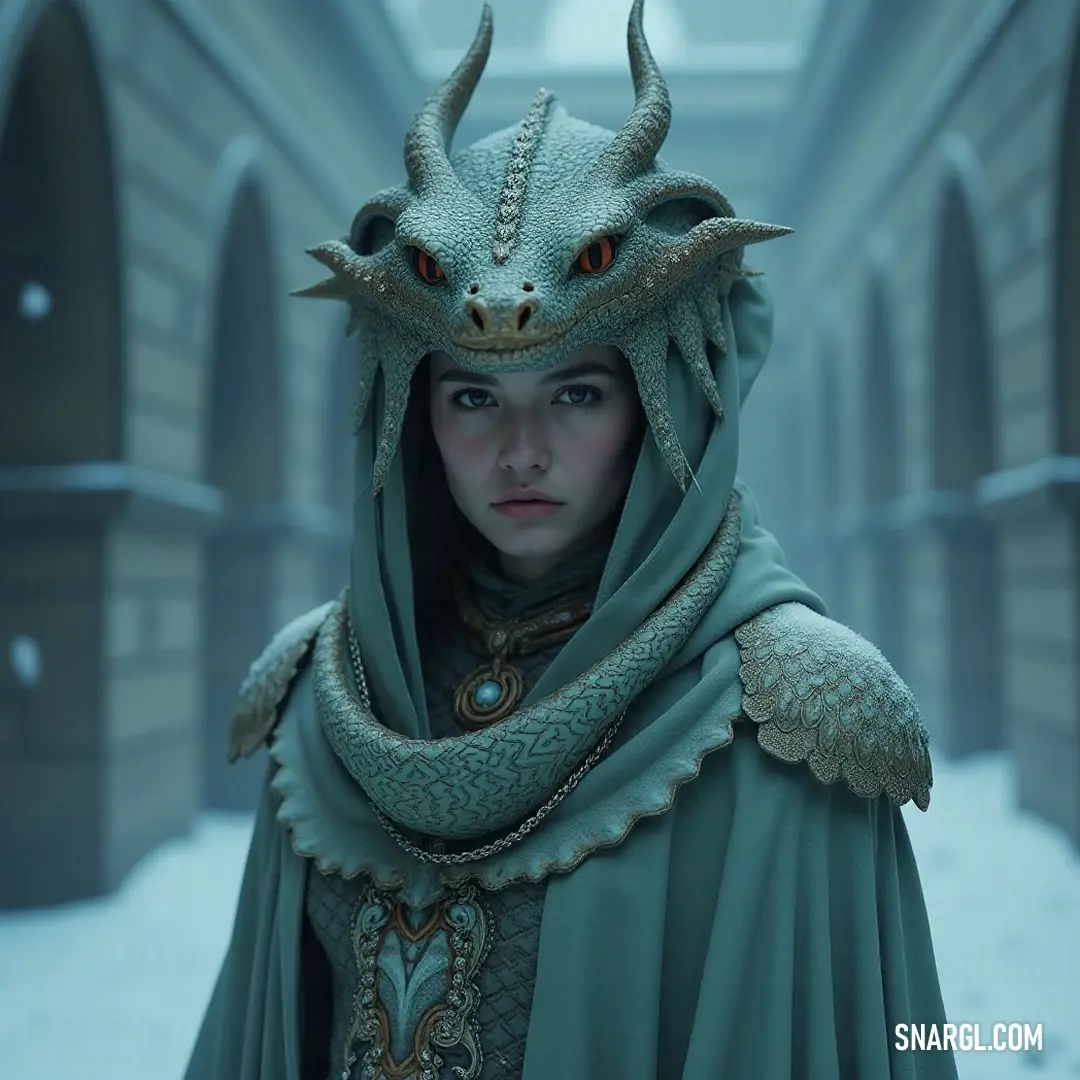 Grand Naga Priestess embodying grace and power through her mystical attire and allure. A captivating Naga Priestess stands gracefully, adorned in an elaborate green costume with a striking horned headpiece, radiating an ethereal aura of wisdom and ancient rituals.