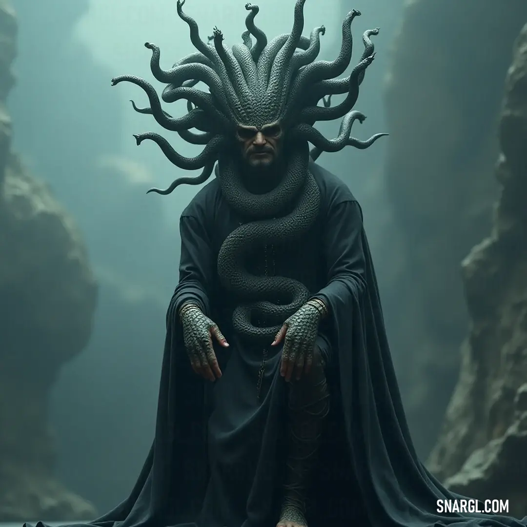 A mystical queen with an extraordinary hairstyle and a serpent in a shadowy cave, exuding an aura of enchantment and mystery. A mystical queen adorned with an extraordinary hairstyle, perched in a shadowy cave, while a serpent coils majestically around her head, creating an aura of enchantment and mystery.
