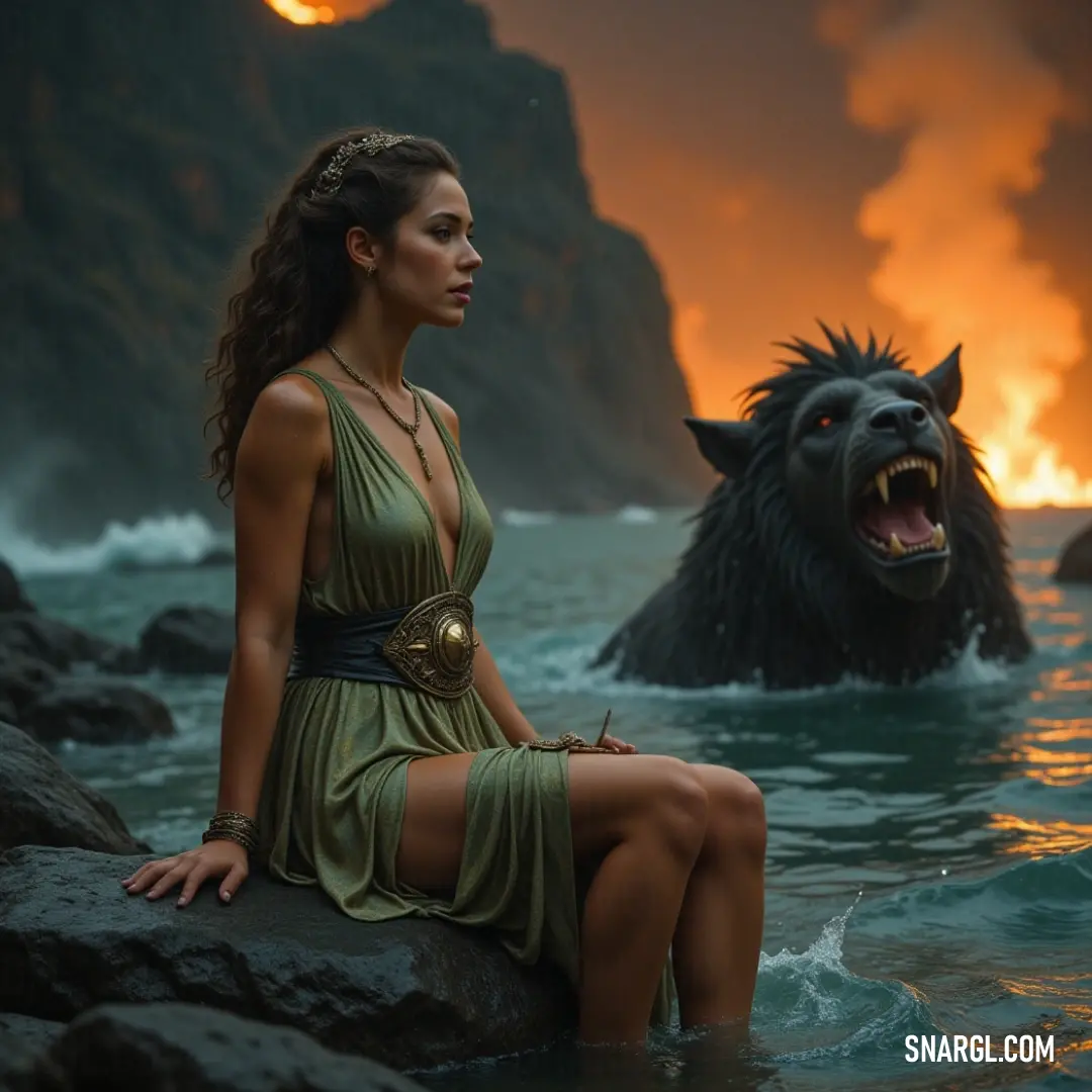 Striking naida in an elegant green dress stands resiliently on a rock, facing an ominous demon in the backdrop, revealing a tale of beauty juxtaposed with the challenges of her enchanting realm. A striking naida in an elegant green dress stands poised on a rock, intensely facing a looming demon in the background, the scene charged with a powerful juxtaposition of ethereal beauty and dark menace.