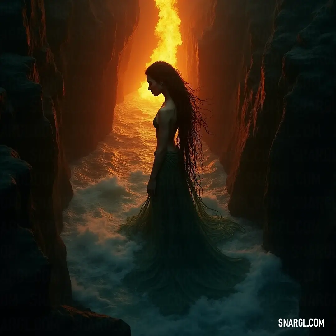 Naida in a mystical cave, her fiery aura illuminating the surroundings while water gracefully flows down the rock face. A mystical scene of Naida, a captivating figure, stands in a dim cave adorned with glowing embers radiating from her head, while gentle streams of water cascade down the rocky surface, merging elements of fire and water in an enchanting display.