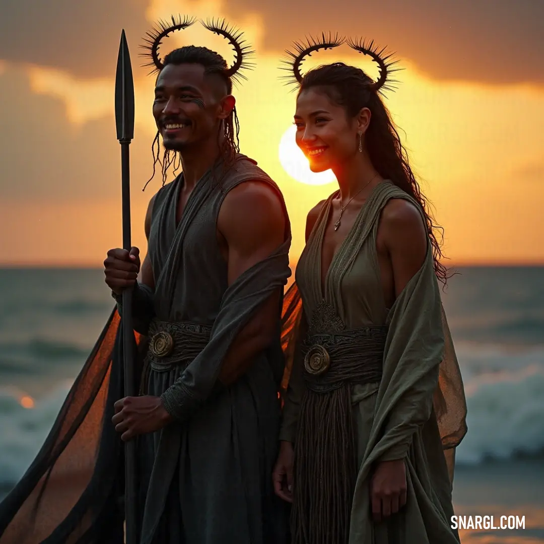 Two silhouettes on a serene beach at sunset wield a spear, reflecting unity and strength against a stunning backdrop of vibrant colors and tranquil waters. Two figures stand on a sun-kissed beach at sunset, a spear held firmly, bathed in the warm hues of twilight, embodying unity and strength against a breathtaking natural canvas.