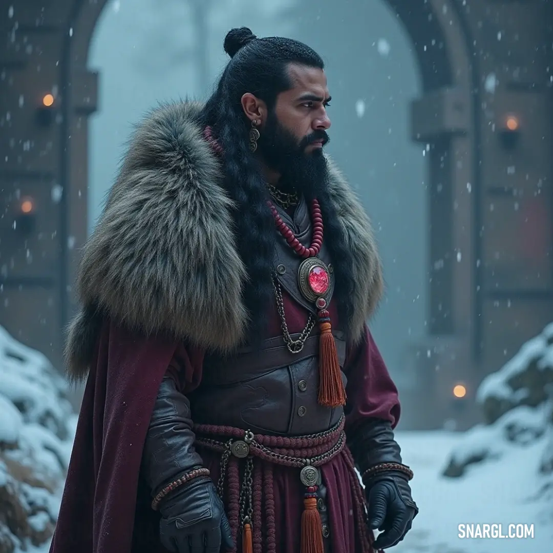 A strong figure cloaked in a fur coat, accentuated with beard rings and a regal red cape, embodies tradition and strength, harmonizing with the natural surroundings. A figure wrapped in a fur coat and adorned with beard rings stands confidently, their striking appearance a blend of strength and tradition, resonating with the spirit of a bygone era amid nature.