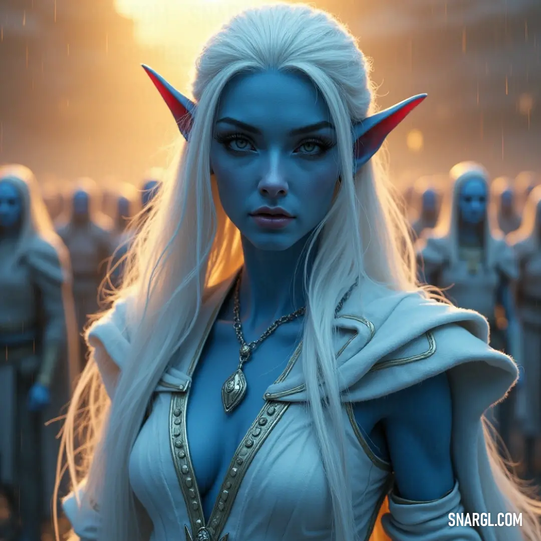 A powerful being with white hair and horns stands before a united assembly in striking attire, creating an atmosphere of strength. A powerful being with striking white hair and formidable horns stands before an assembly of followers, each adorned in striking white attire accentuated by blue makeup. The scene exudes an electrifying aura of unity and strength amidst the gathering.