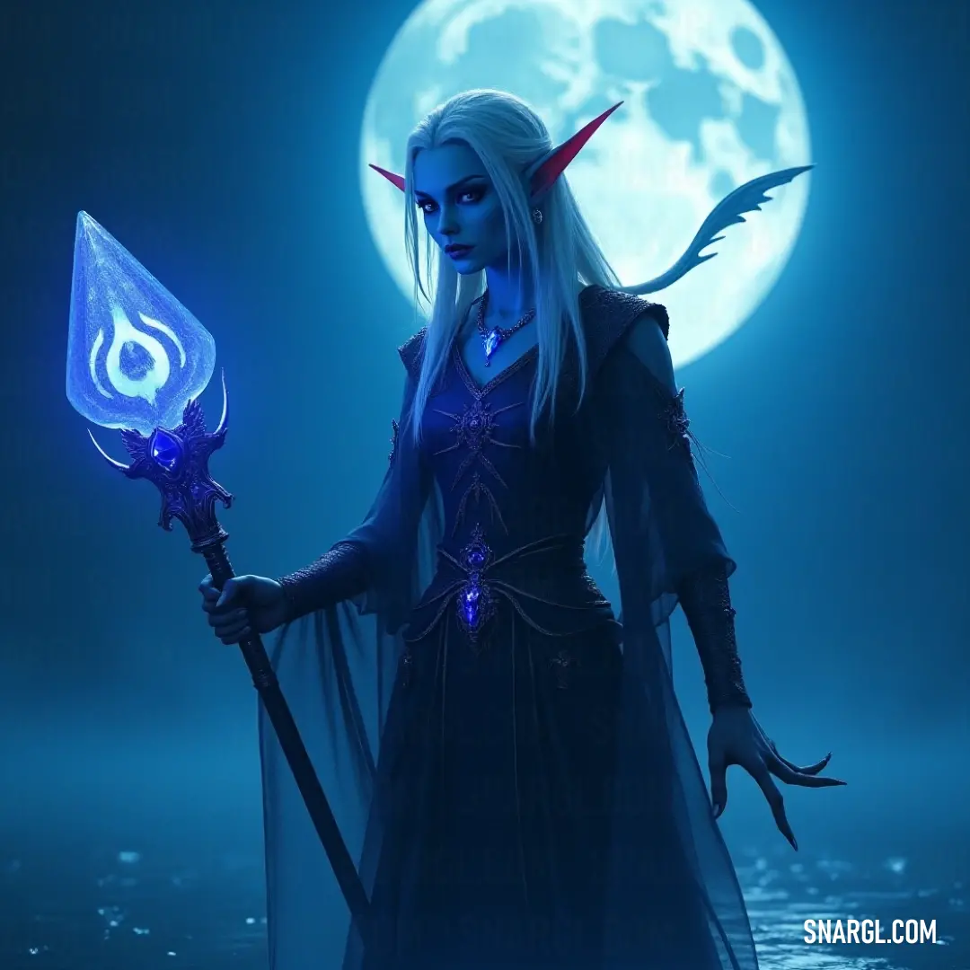 A graceful figure in blue, holding a glowing sword and staff, stands under a full moon, embodying magic and strength. Under the luminous glow of a full moon, a graceful figure robed in blue wields a radiant sword and glowing staff. The night sky enhances the enchantment as the surroundings shimmer, creating an enchanting scene that speaks of bravery and magic.
