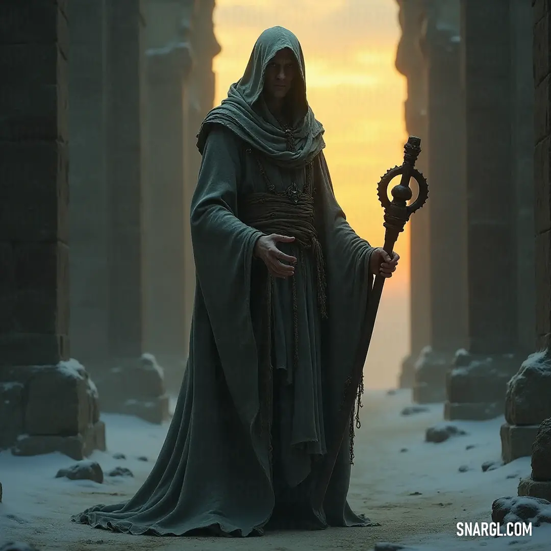 Bathed in the golden hues of sunset, a hermit in a hooded robe stands solemnly in a snowy landscape, gripping a staff. The vibrant colors of the setting sun blend beautifully with the snowy surroundings, creating a scene that evokes wonder and tranquility