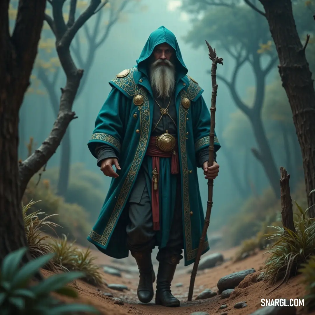 A hermit with a long beard and green coat walks through the forest, his staff guiding him through the tranquil woods filled with hidden secrets. A hermit with a long green coat and flowing beard walks through a dense forest, a staff in hand. The natural beauty of the woods surrounds him, giving a sense of adventure and mystery.