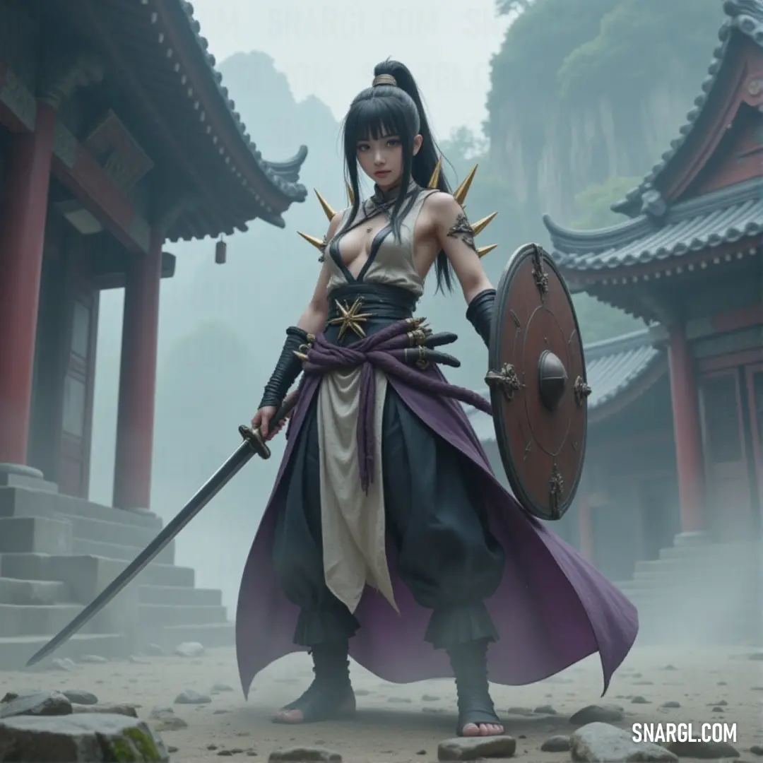 Nami, in costume with sword and shield, stands before a majestic building and pagoda, ready for action. Nami stands boldly in front of a grand building with a pagoda in the background, her sword raised high and shield at the ready. The architectural beauty contrasts with her battle-ready stance, blending culture and strength in a moment of anticipation.