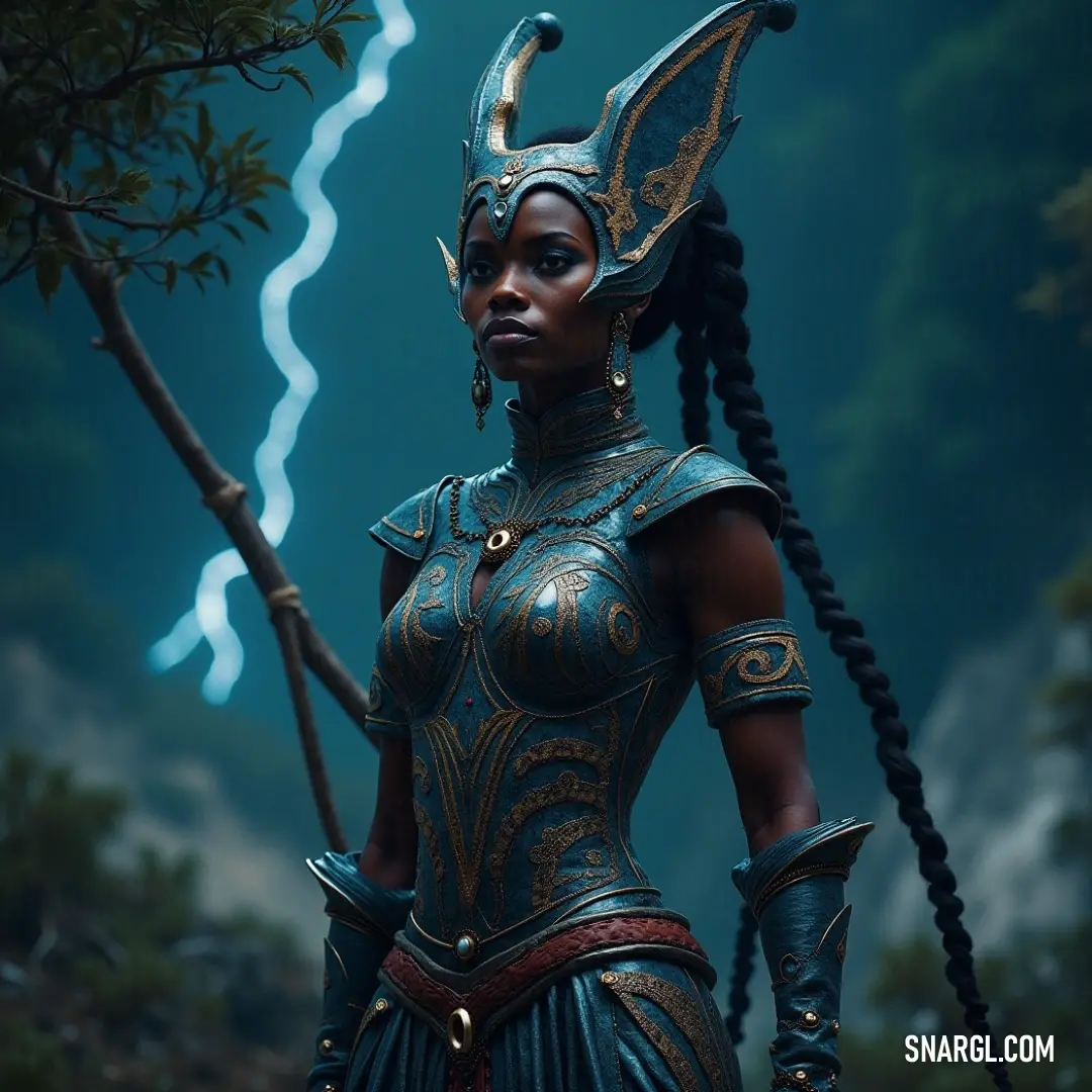 Nana Buluku stands strong in the forest, her horned costume and braids illuminated by a distant lightning bolt, bringing power and mysticism to the wild surroundings. Nana Buluku, adorned in a dramatic costume with horns and braids, stands boldly in a forest, a lightning bolt crashing in the distance, infusing the scene with an intense and powerful energy.