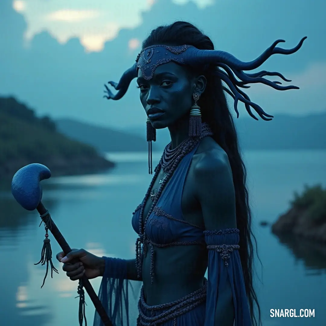 An ethereal figure with blue face paint, holding a stick and a blue ball, stands by a tranquil lake, immersed in nature's beauty. An ethereal figure with striking blue face paint gazes over a serene lake, wielding a stick in one hand and a blue ball in the other. The backdrop features tranquil waters reflecting the beauty of nature and a rich tapestry of colors enveloping the scene.