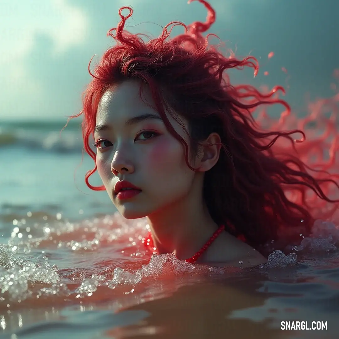 A striking young woman with vibrant red hair emerges gracefully from the water, creating ripples that mirror her effortless connection to nature and tranquility. Breaking the surface of a shimmering pool, a young woman with striking red hair emerges, droplets cascading away as she finds herself caught in a moment of serenity, the water reflecting nature's beauty in a tranquil, serene setting.