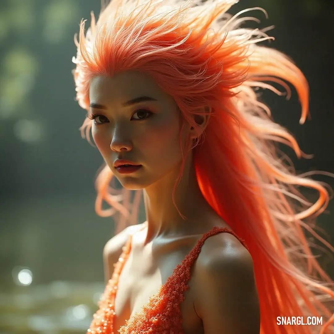 A joyful girl with vibrant pink hair dressed in a bright orange gown stands in the water, blending seamlessly with the vivid scenery that celebrates the beauty of nature and youth. A delightful girl with long pink hair and a radiant orange dress gracefully stands in a shimmering body of water, the colors blending beautifully with the landscape as she embodies joy and elegance, creating a playful dance with the water's reflections.