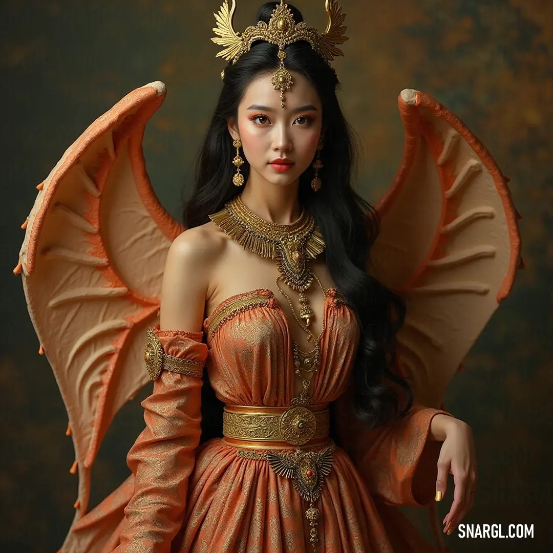 An enchanting young girl in a magical costume with wings, a tiara, and a gold necklace, evoking a sense of wonder and whimsy. A young girl adorned in a vibrant costume featuring elegant wings and a sparkling tiara, shimmer beneath a radiant gold necklace, embodying the spirit of magic and fantasy. The overall enchanting atmosphere transports the viewer into a whimsical world of