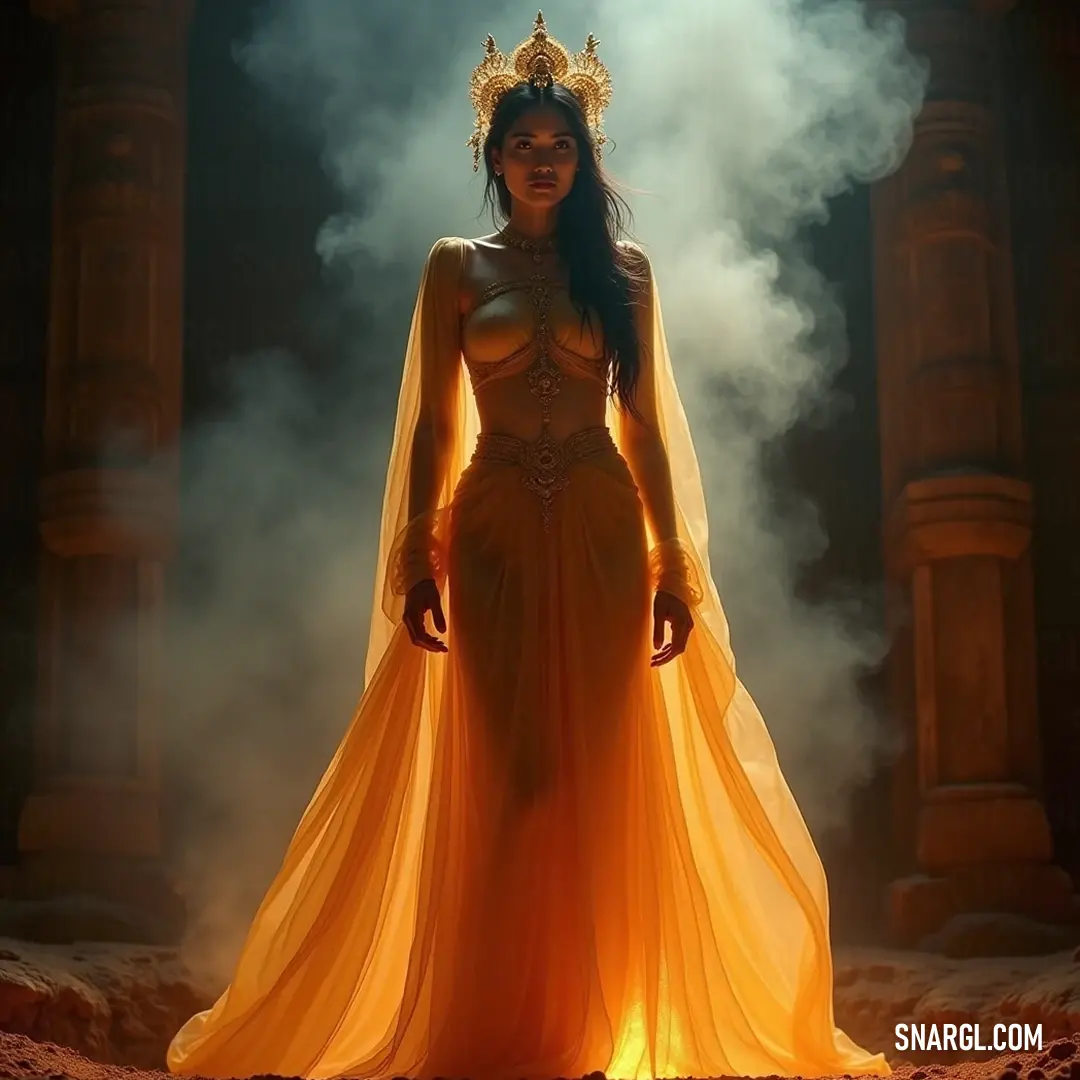 In a mystical chamber, Nandini, adorned in a vibrant yellow dress, stands majestically with smoke swirling around her chest. A beautiful crown sits atop her head, illuminating her ethereal beauty and grace in the dim surroundings.