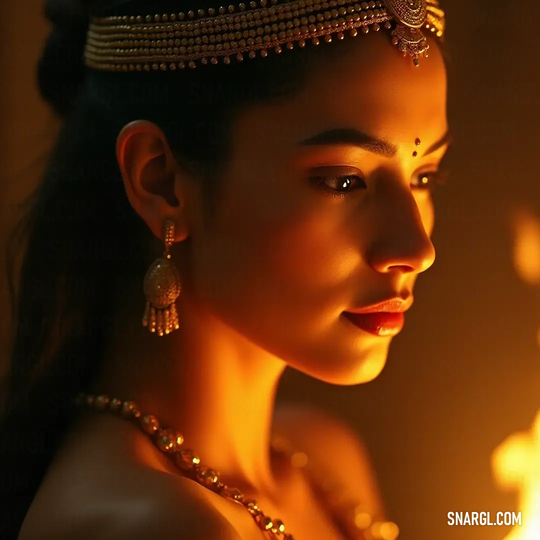 A serene portrayal of Nandini, elegantly adorned with a tiara and necklace, holding a candle that casts a soothing glow on her enchanting visage. Nandini, resplendent in a tiara and delicate necklace, gracefully holds a flickering candle. A soft light bathes her features, showcasing her serene expression that reflects a blend of introspection and quiet strength.