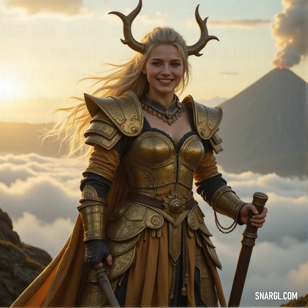 Nanna, wearing horns and holding a sword, stands fierce and ready for battle in her warrior's attire. Nanna, dressed in a warrior's costume with horns on her head, grips her sword confidently. The atmosphere is charged with anticipation, as though she’s preparing for an imminent clash in a wild, untamed land.