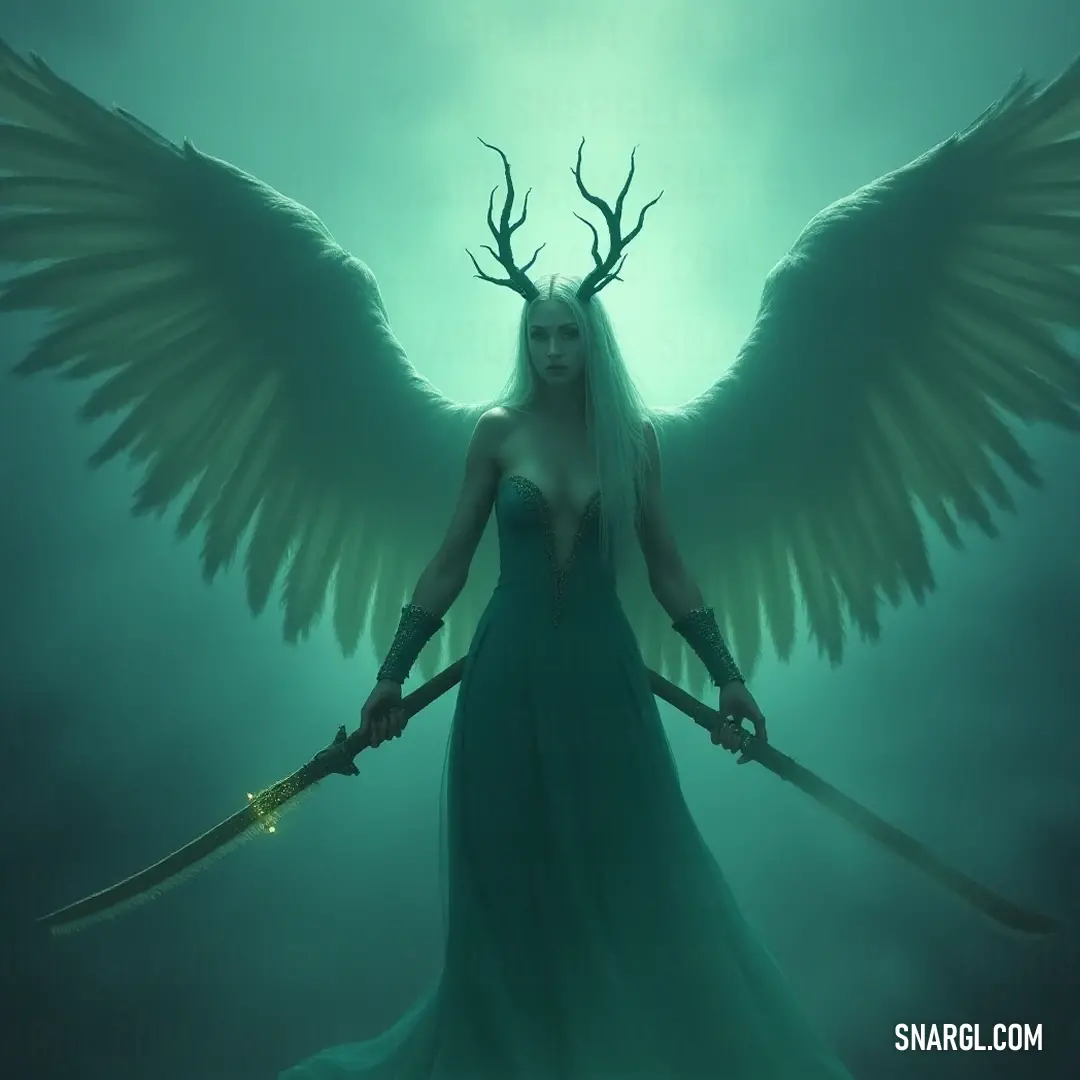 Powerful warrior stands resolute with swords in hand, wings unfurled, surrounded by an aura of strength and determination that define her commanding and fearless spirit. A fierce warrior dons majestic wings and a striking ensemble, gripping two swords with unified strength, her horned head accentuating her powerful presence as she commands respect in a fantastical realm.