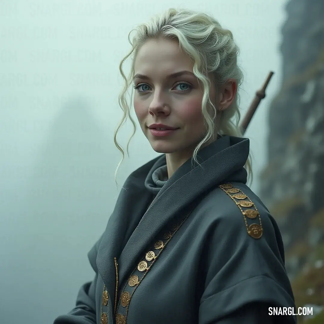 A fierce figure brandishes a firearm against a backdrop of swirling fog, her intense gaze full of determination. A fierce figure brandishes a firearm against a backdrop of swirling fog, her intense gaze full of determination, evoking a sense of mystery and action as the environment shrouds her in an air of intrigue.