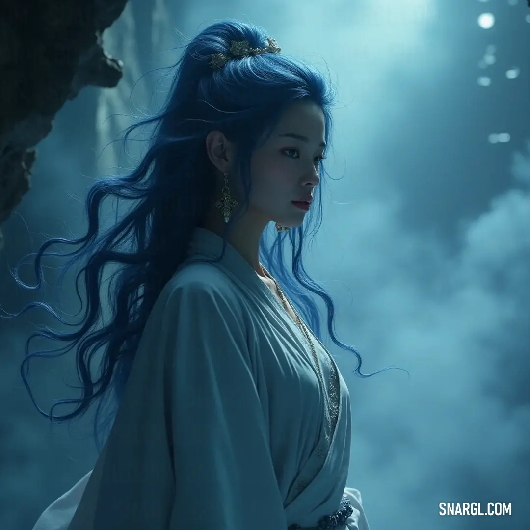 In a mystical cave, a serene girl with blue hair and a flowing white dress conveys tranquility, surrounded by a stunning sky that adds to the enchanting atmosphere. Deep within a mystical cave, a girl with flowing blue hair and a pristine white dress stands against a breathtaking sky backdrop. Her presence emanates a serene allure, blending seamlessly with the enchanting surroundings that capture the imagination.