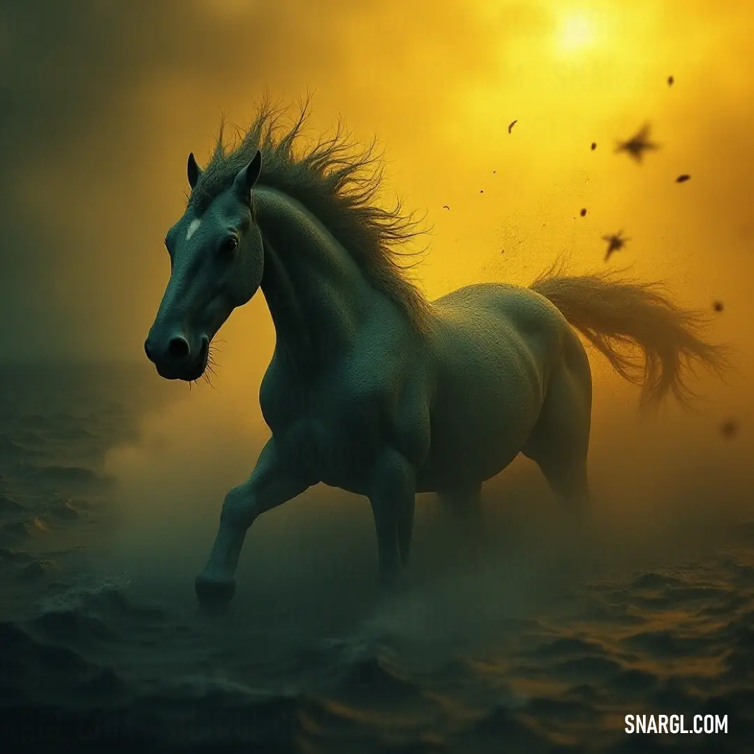 In a lively display of energy, Naomh gallops through the sparkling water, surrounded by flying birds and a stunning yellow sky that enhances the vitality of the moment. Naomh splashes joyfully through glistening waters, flanked by birds soaring in the vibrant sky, creating a scene alive with movement and color.