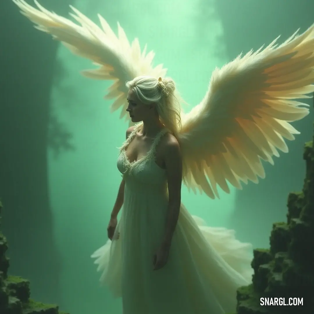An enchanting scene unfolds as a whimsical figure in a flowing white gown showcases large angel wings poised atop her head, inviting viewers into a world filled with dreams and fantastical possibilities. A whimsical figure dressed in a flowing white gown stands with an impressive display of angel wings atop her head, creating a magical presence that evokes thoughts of dreams, flights of fantasy, and ethereal wonders.