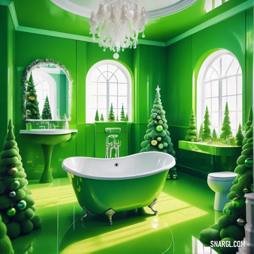 Bathroom with green walls and a white bathtub and christmas trees in the corner of the room and a chandelier. Color #2A8000.