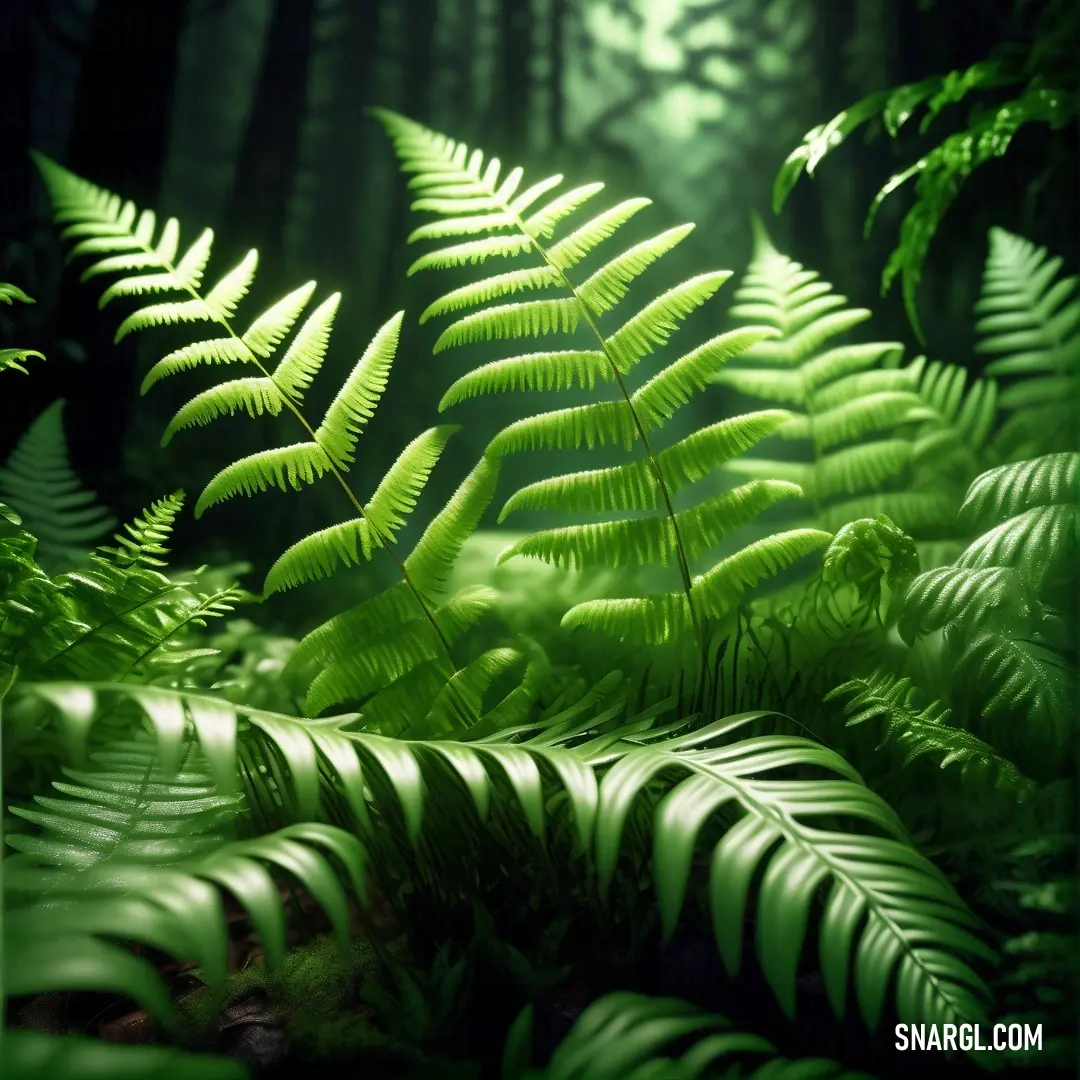 Fern leaf is shown in the middle of a forest of ferns. Example of RGB 42,128,0 color.