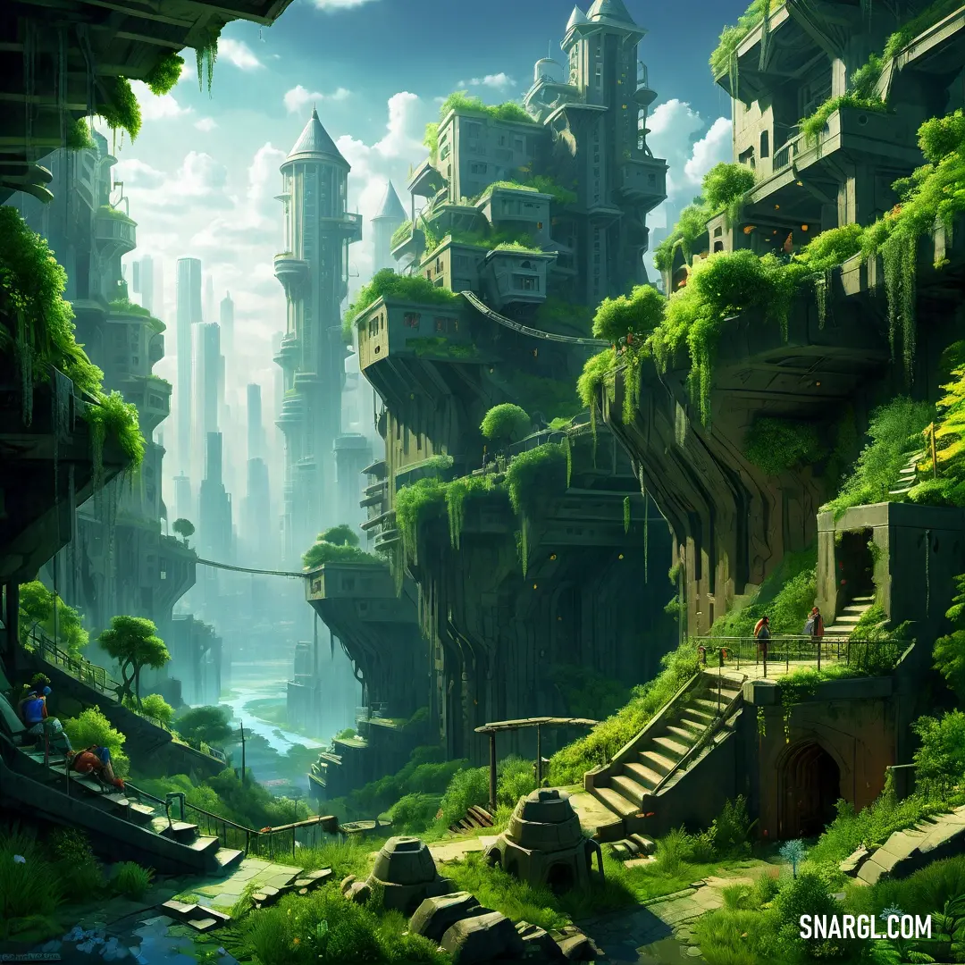 Futuristic city with a lot of trees and buildings on the sides of it. Color RGB 42,128,0.