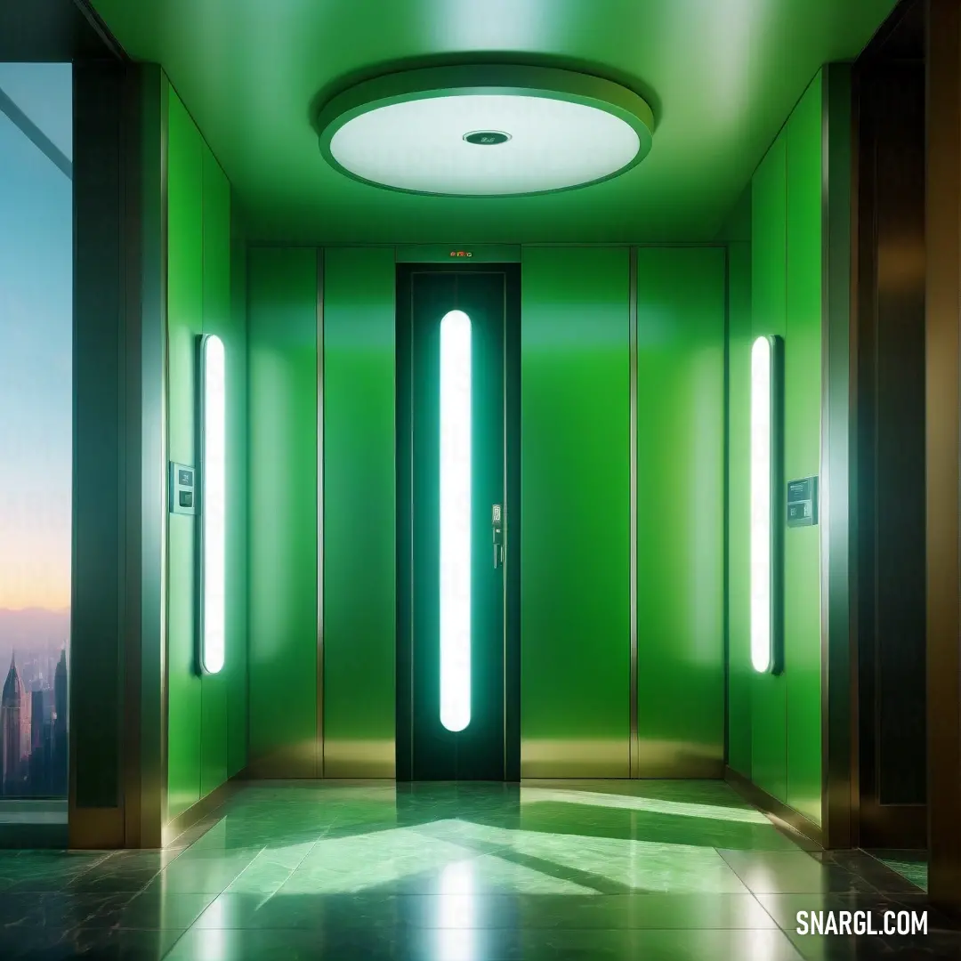 Napier green color example: Green room with a large door and a green wall with a city view in the background