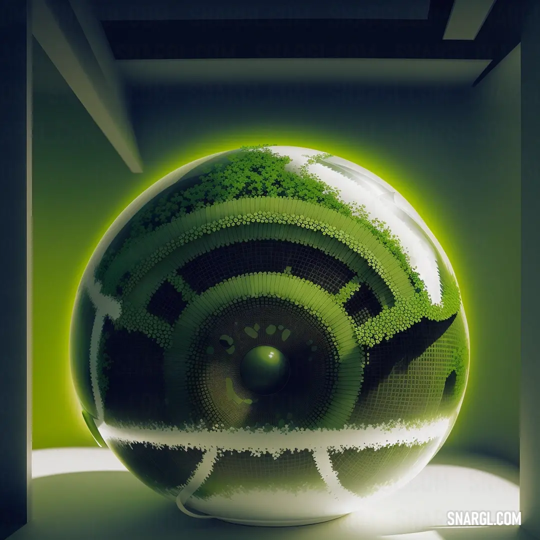 Green and white object with a green light coming through it's center window. Example of #2A8000 color.