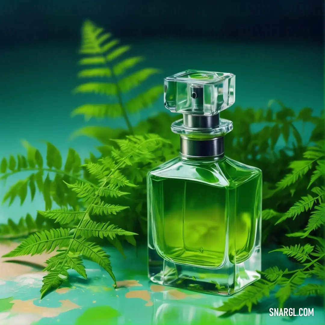 Green bottle of perfume on a table next to a fern leaf pattern wallpapered wallpaper. Example of Napier green color.