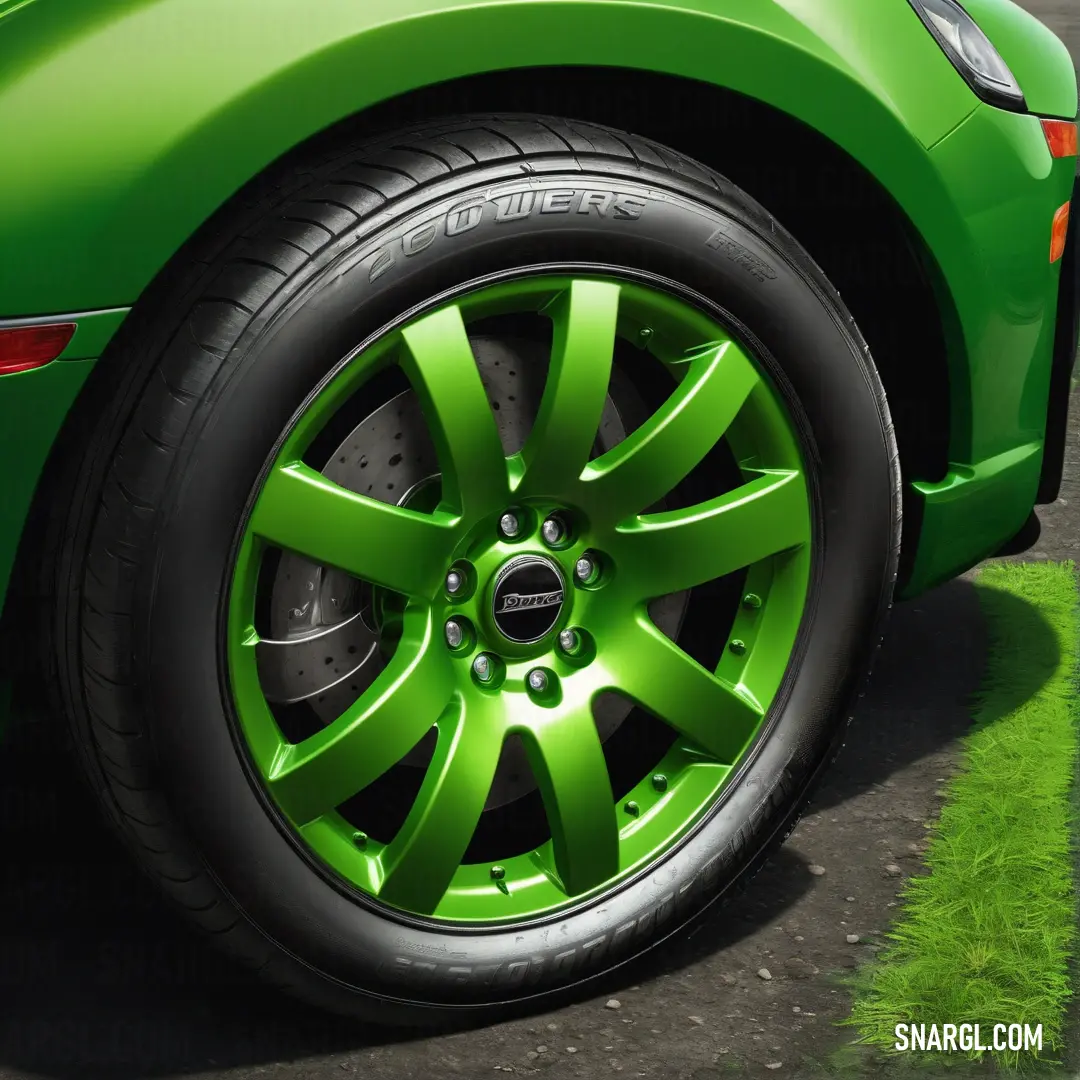 Napier green color example: Green car with a black rim and a green tire cover on it's side wheel rims