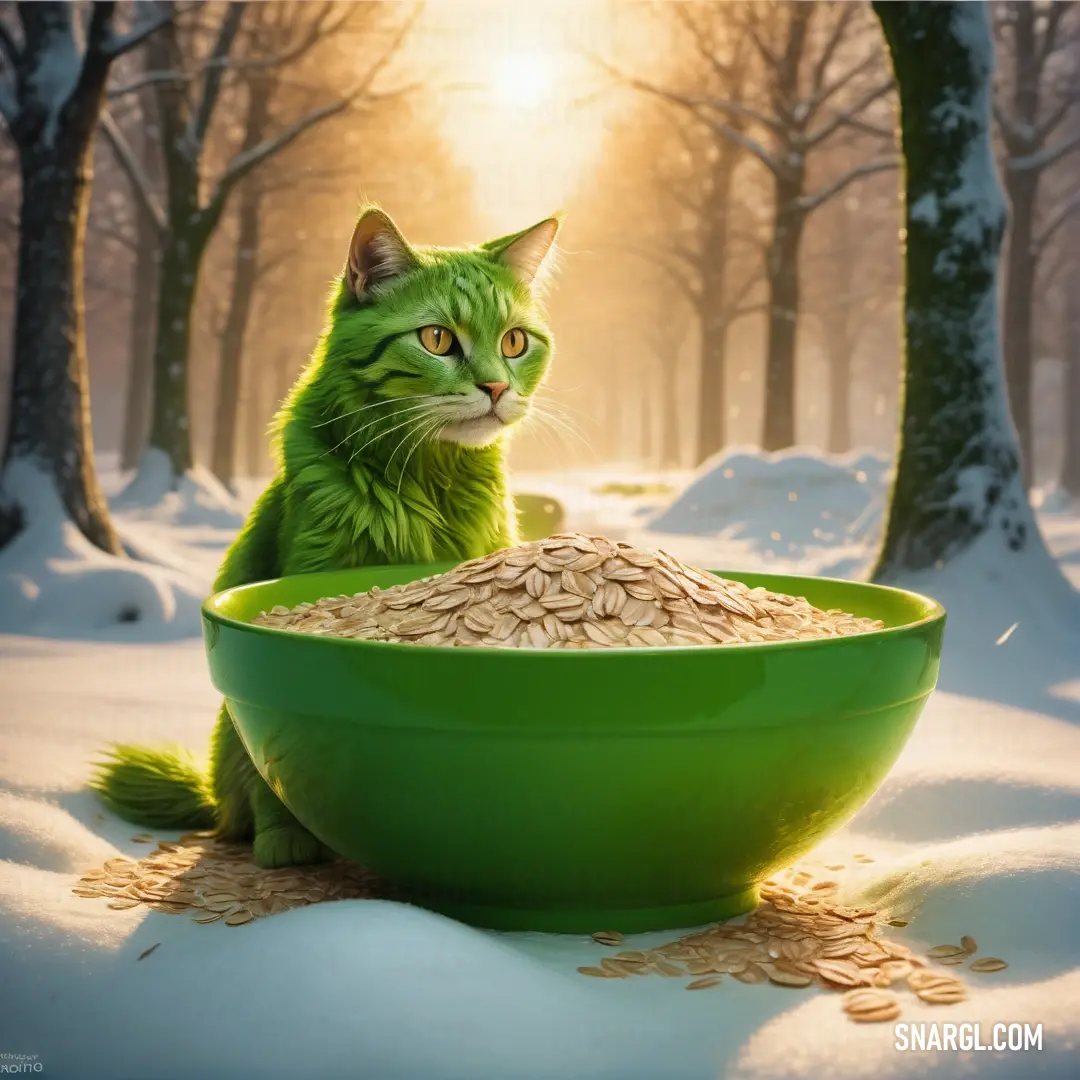 Green cat in a green bowl of food in the snow with the sun shining through the trees. Example of Napier green color.