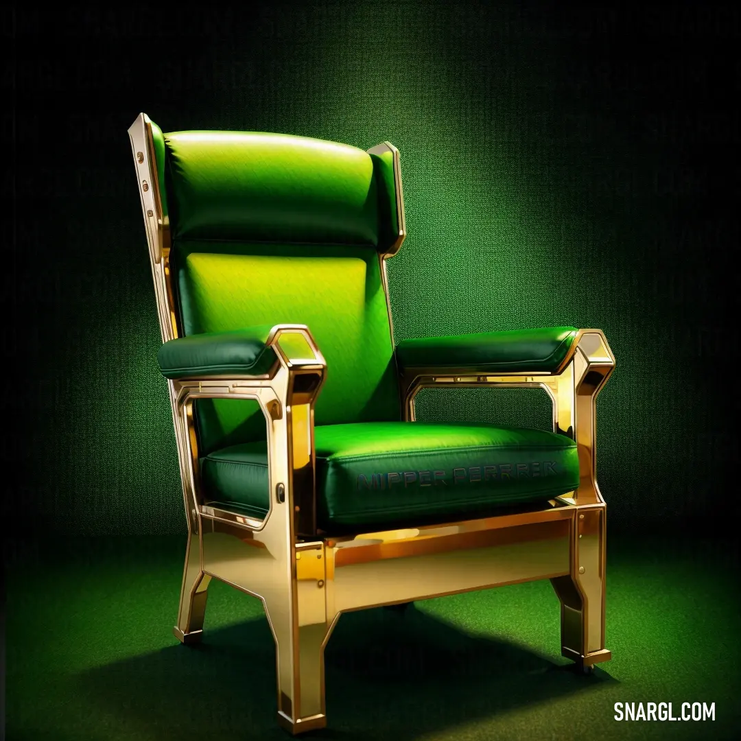 Green chair with a gold frame and green cushion on a green background. Example of Napier green color.
