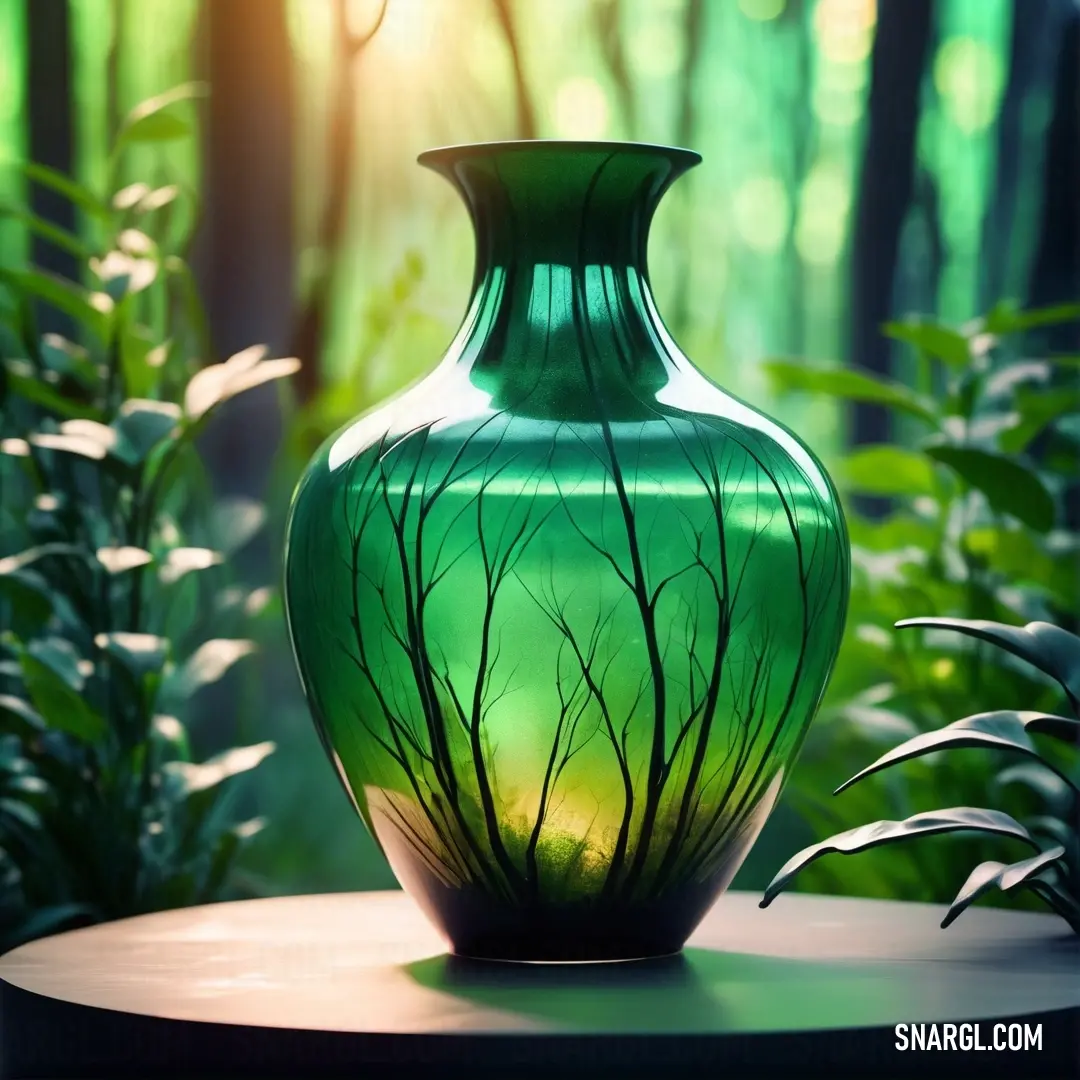 Green vase on a table in a forest with trees and grass in the background. Color RGB 42,128,0.